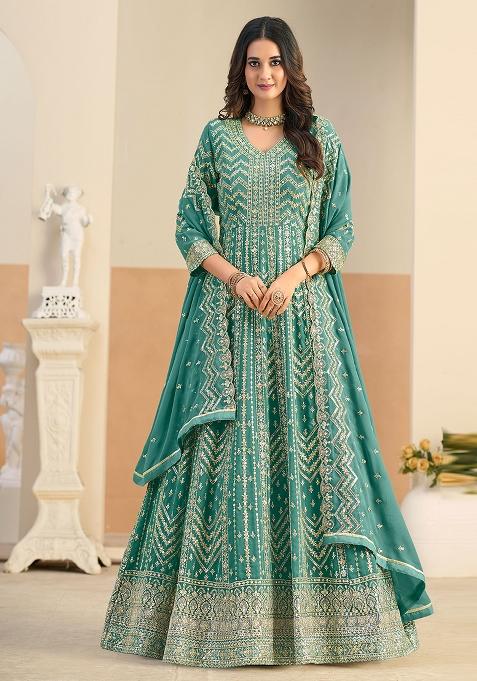 Pastel Teal Embroidery Georgette Kurta Set