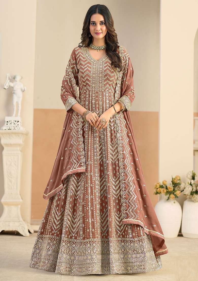 Rust Embroidery Georgette Kurta Set - Indya