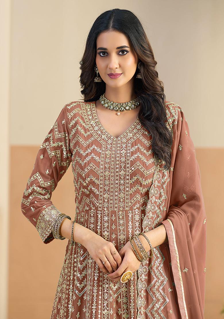 Rust Embroidery Georgette Kurta Set - Indya