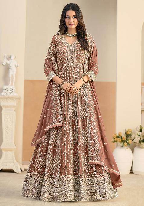 Rust Embroidery Georgette Kurta Set