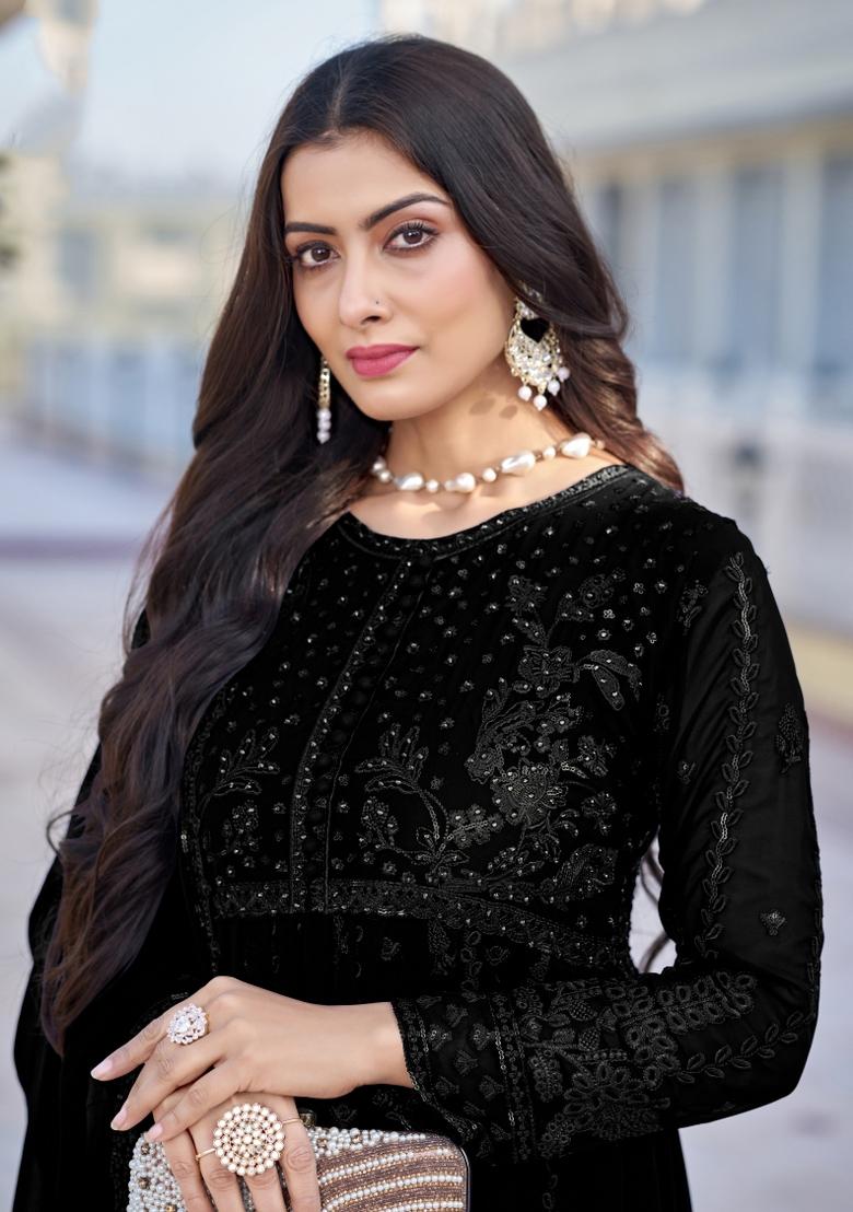 Navy Blue Embroidery Georgette Salwar Kameez - Indya