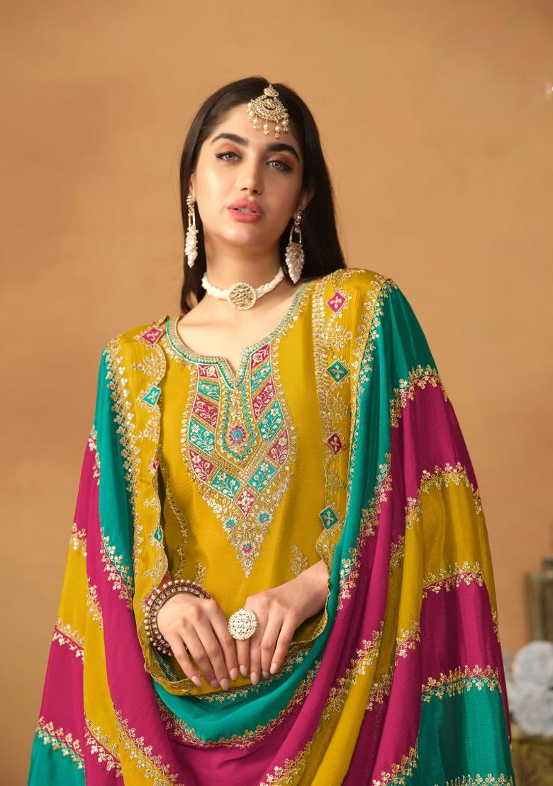 Orange Embroidery Silk Salwar Kameez - Indya