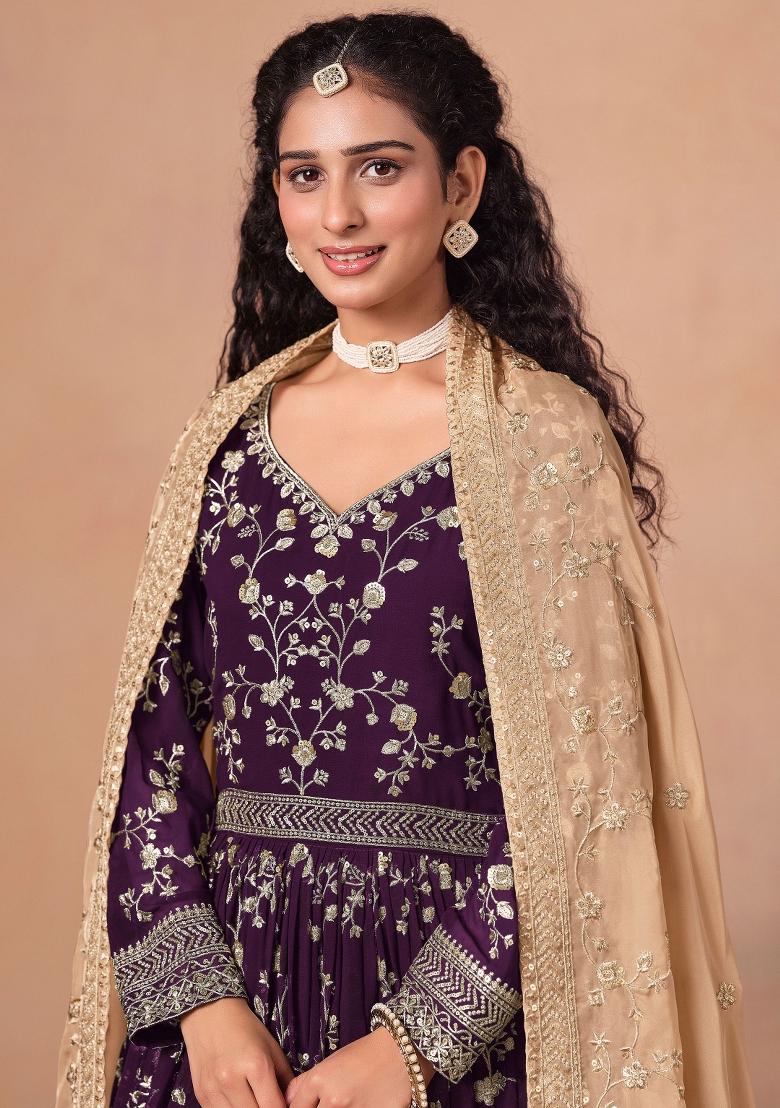 Off White Embroidery Georgette Salwar Kameez - Indya