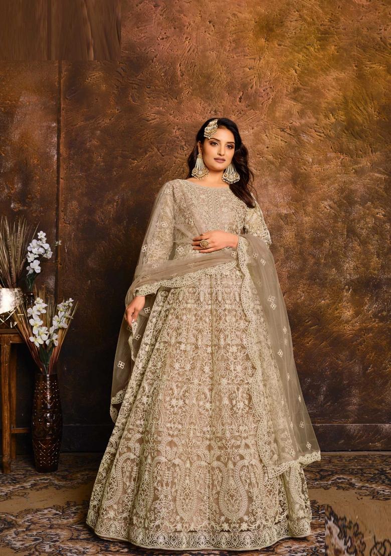 Off White Embroidery Net Salwar Kameez - Indya