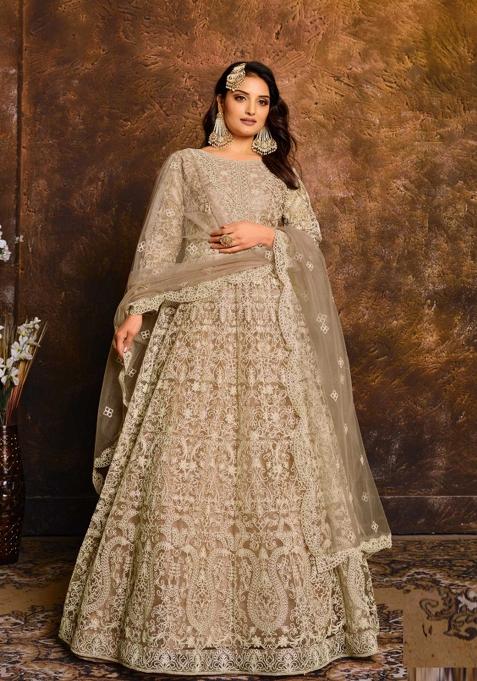 Off White Embroidery Net Salwar Kameez — view on Indya