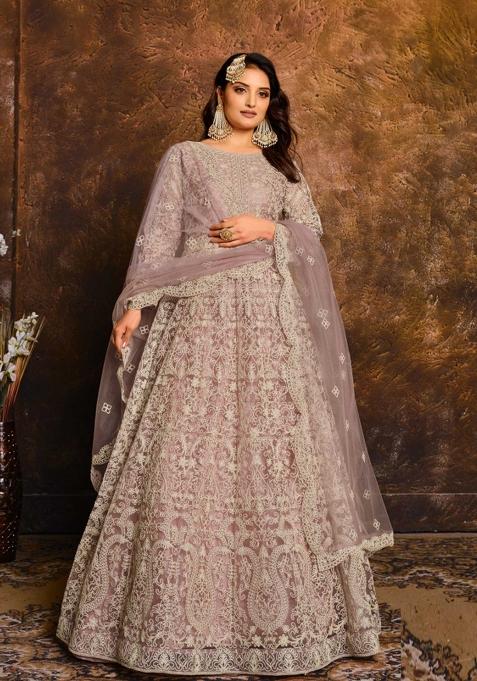 Pink Embroidery Net Salwar Kameez — view on Indya