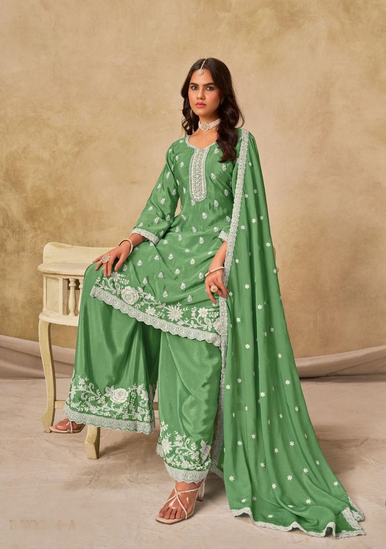 Blue Embroidery Chinon Salwar Kameez - Indya