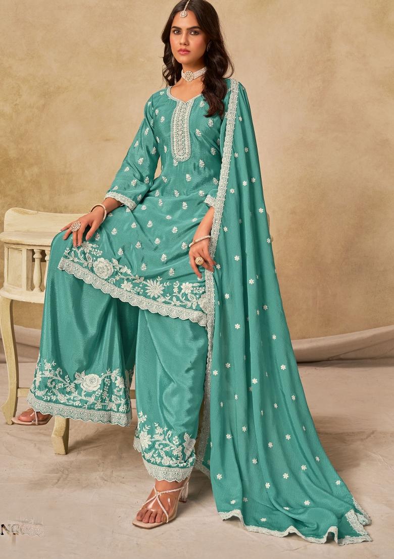 Orange Embroidery Chinon Salwar Kameez - Indya