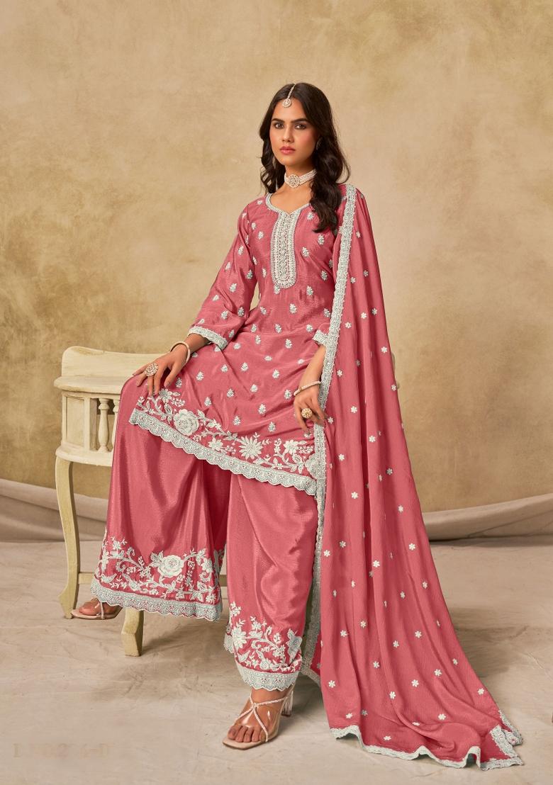 Rani Pink Embroidery Chinon Salwar Kameez - Indya