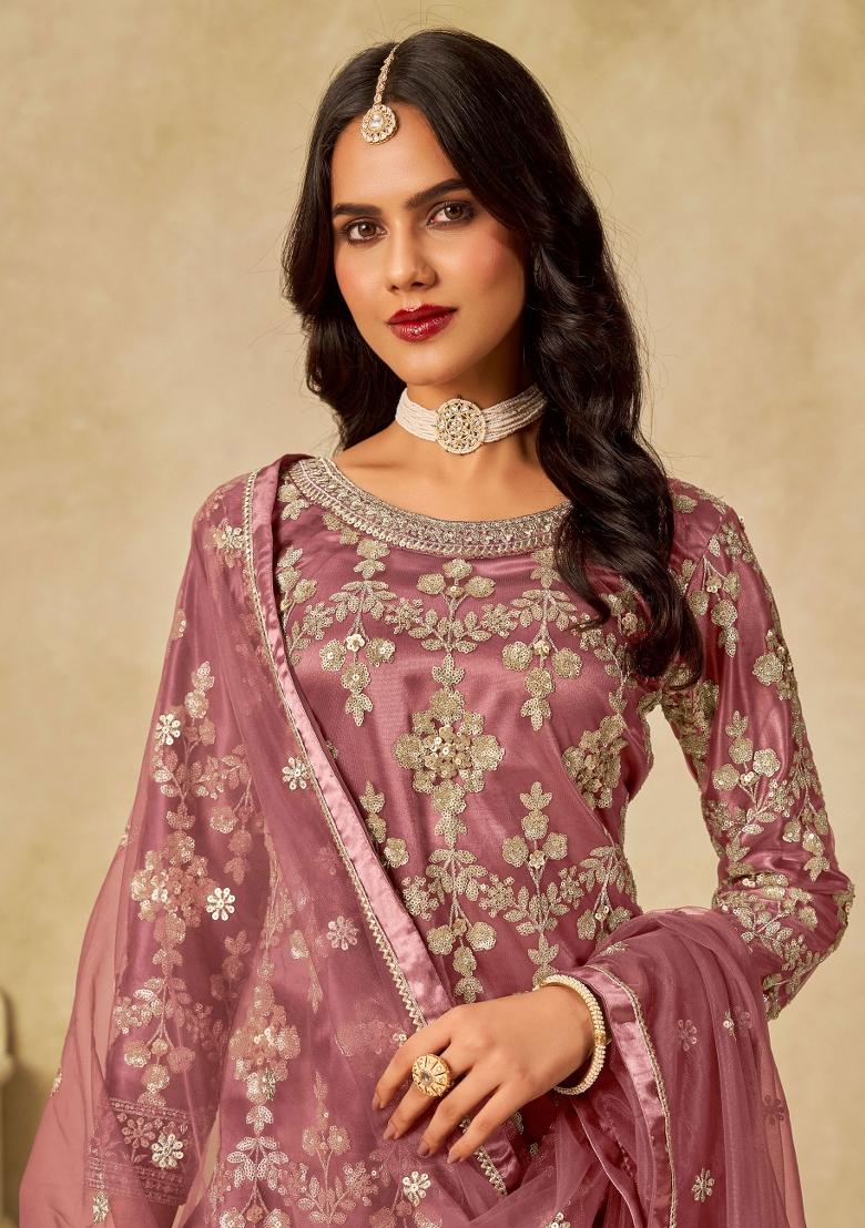 Purple Embroidery Net Salwar Kameez - Indya