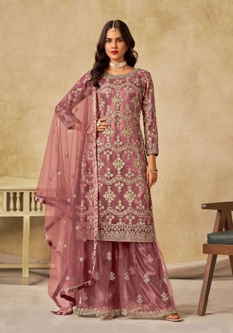 Purple Embroidery Net Salwar Kameez — view on Indya