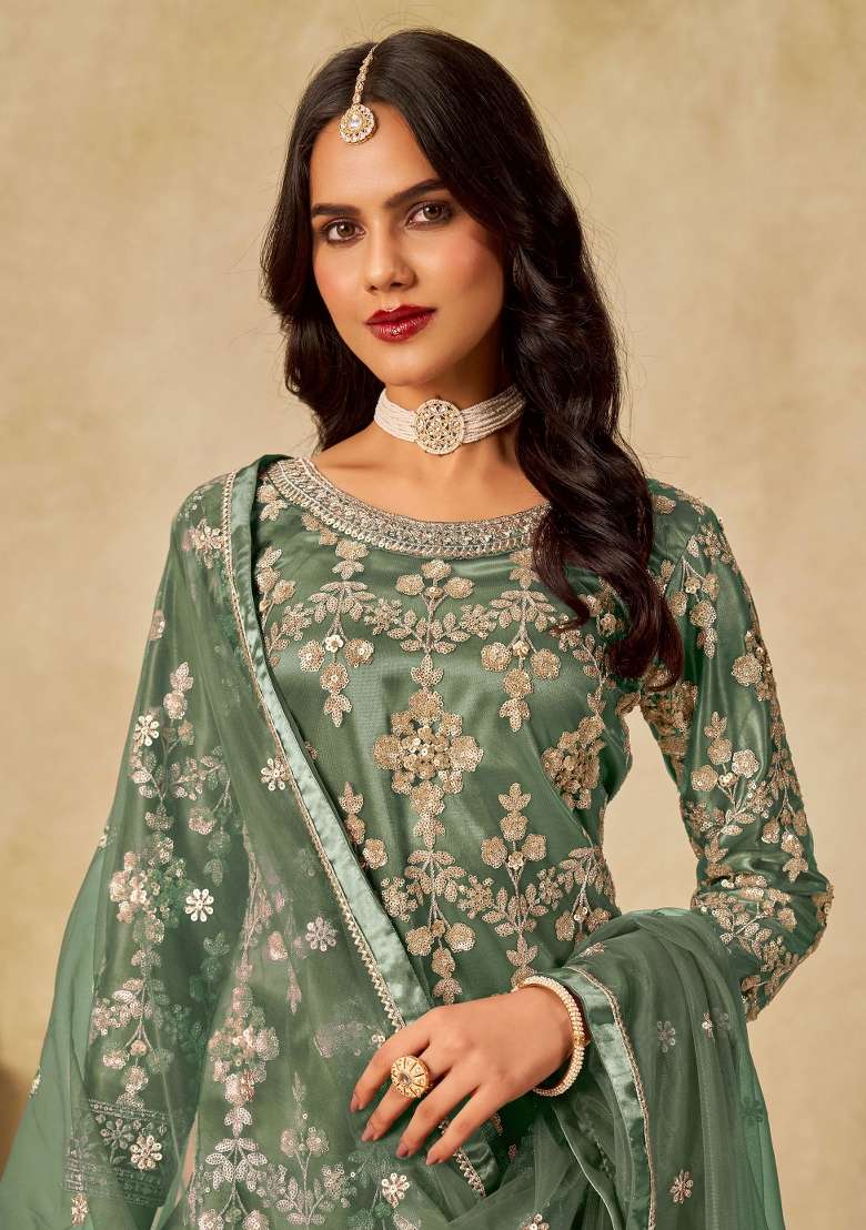 Turquoise Blue Embroidery Net Salwar Kameez - Indya