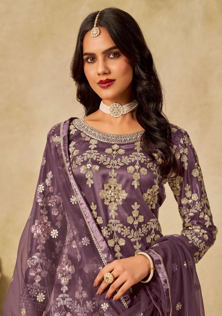 Red Embroidery Net Salwar Kameez - Indya