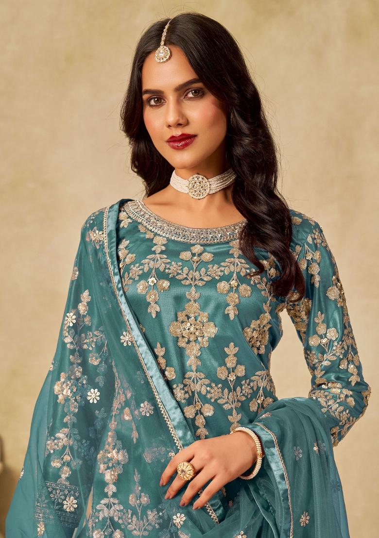 Grey Embroidery Net Salwar Kameez - Indya