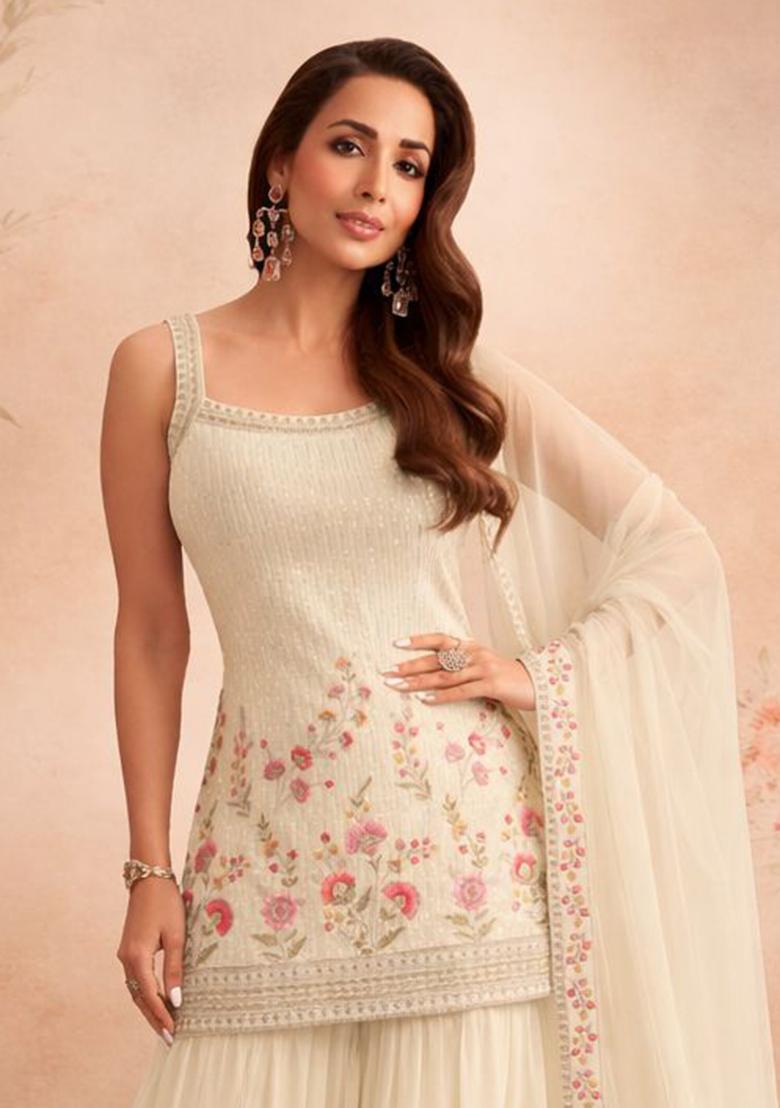 Beige Embroidery Georgette Sharara Set - Indya
