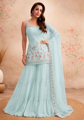 Sky Blue Embroidery Georgette Sharara Set