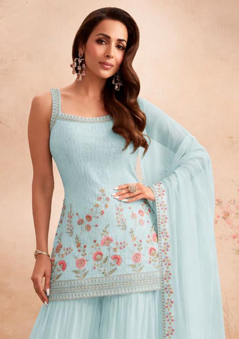 Sky Blue Embroidery Georgette Sharara Set - Indya
