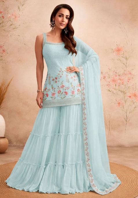 Sky Blue Embroidery Georgette Sharara Set