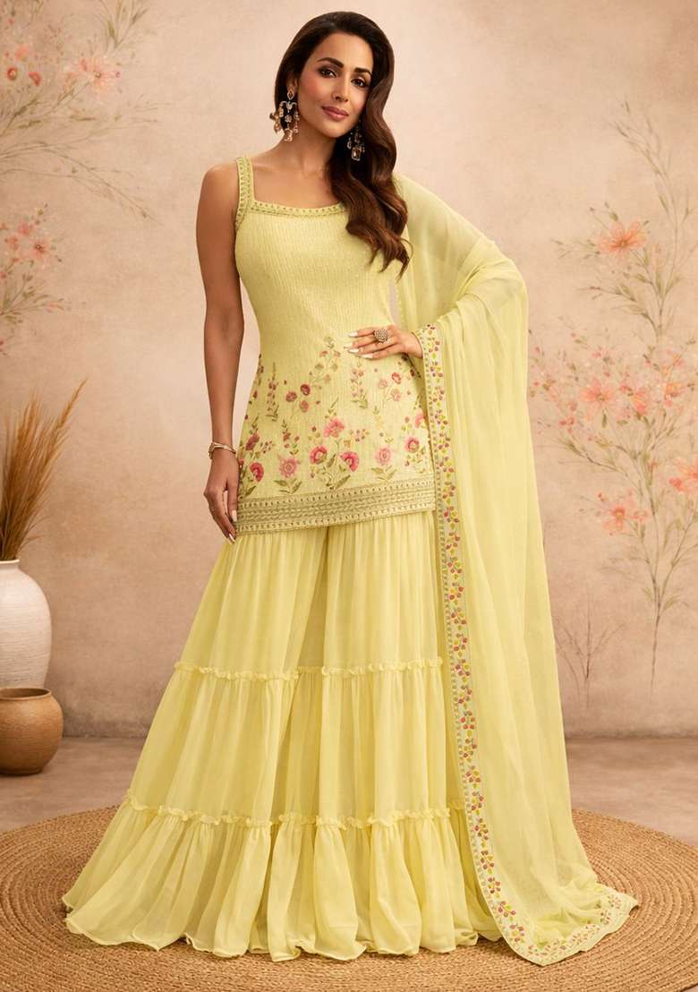 Yellow Embroidery Georgette Sharara Set - Indya