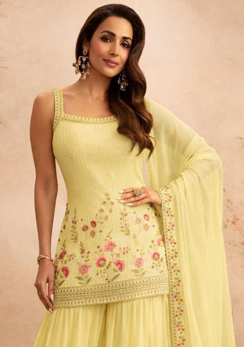 Yellow Embroidery Georgette Sharara Set - Indya