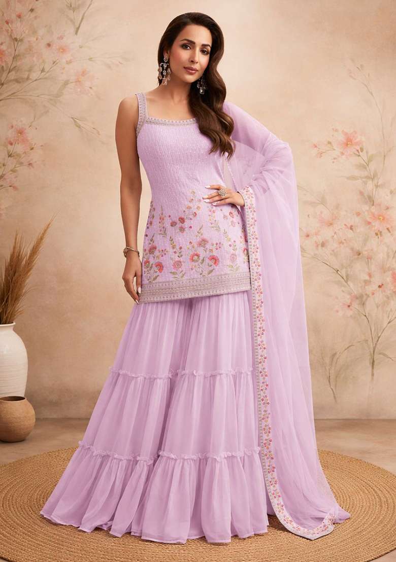 Pink Embroidery Georgette Sharara Set - Indya