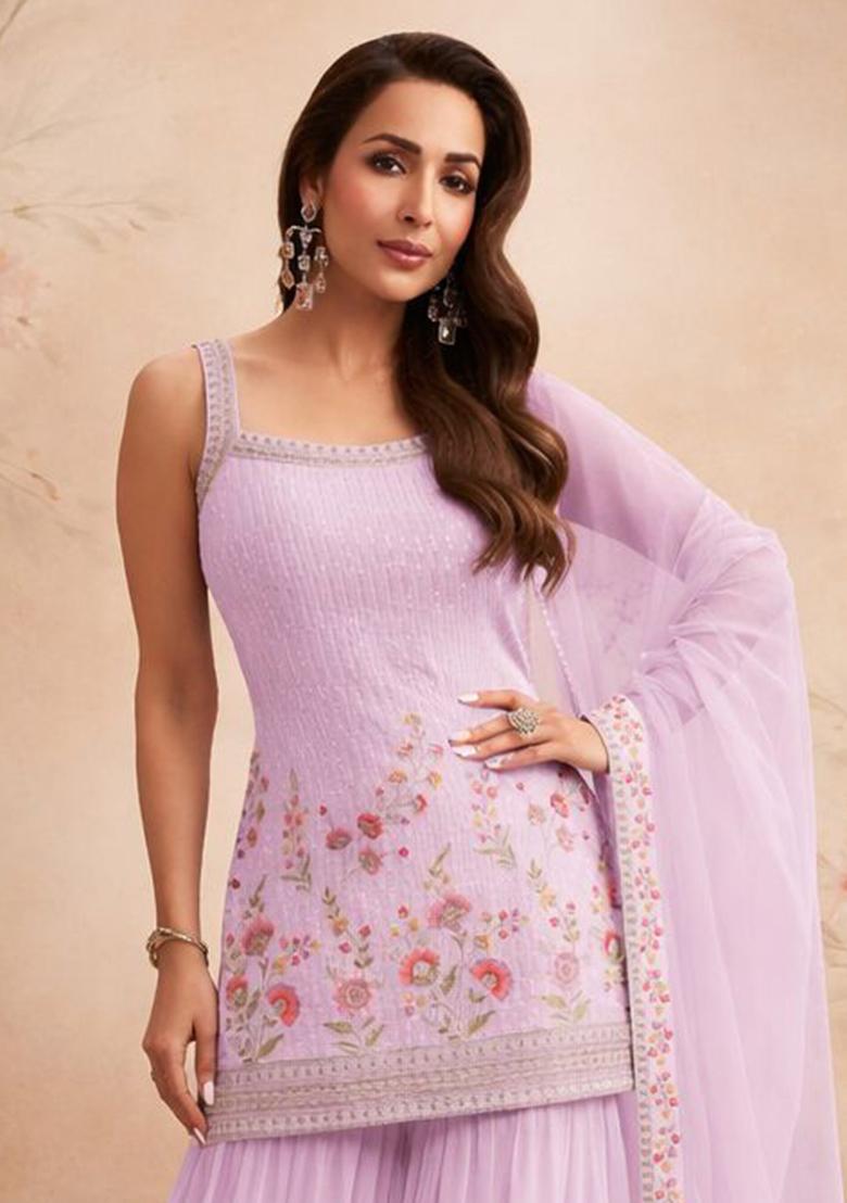 Pink Embroidery Georgette Sharara Set - Indya