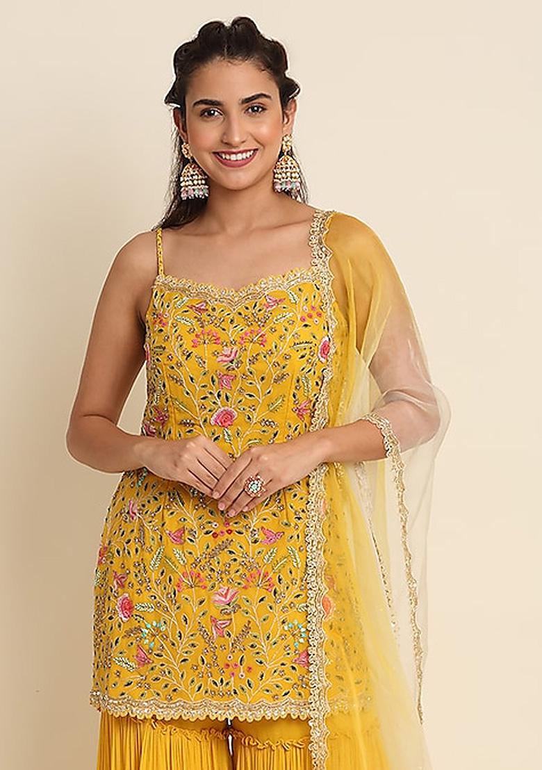 Yellow Embroidery Georgette Sharara Set - Indya