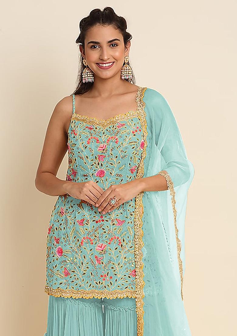 Sky Blue Embroidery Georgette Sharara Set - Indya