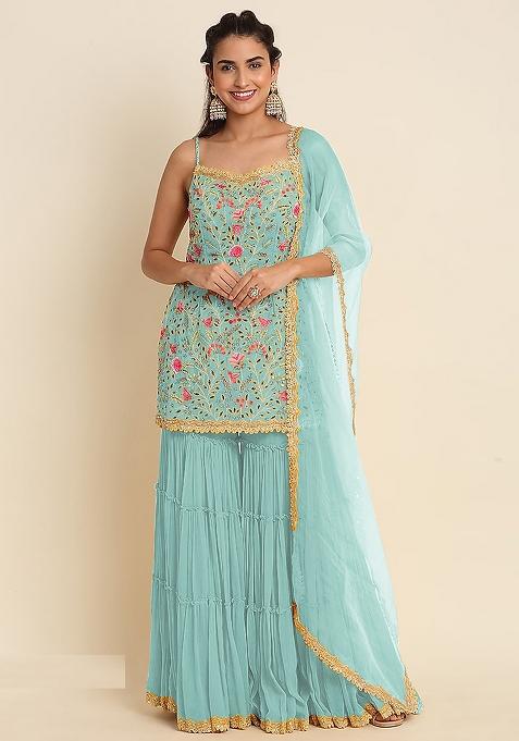 Sky Blue Embroidery Georgette Sharara Set