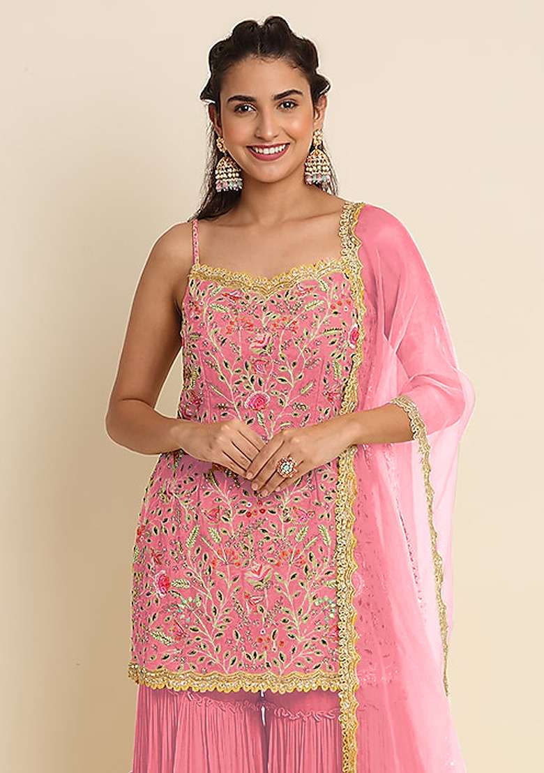 Pink Embroidery Georgette Sharara Set - Indya