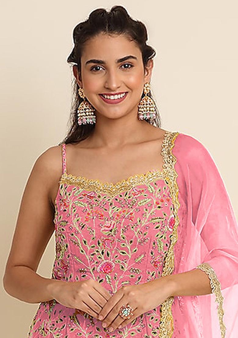 Pink Embroidery Georgette Sharara Set - Indya