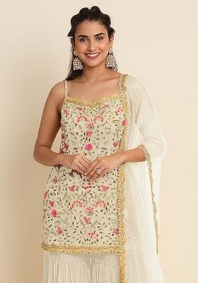 Beige Embroidery Georgette Sharara Set