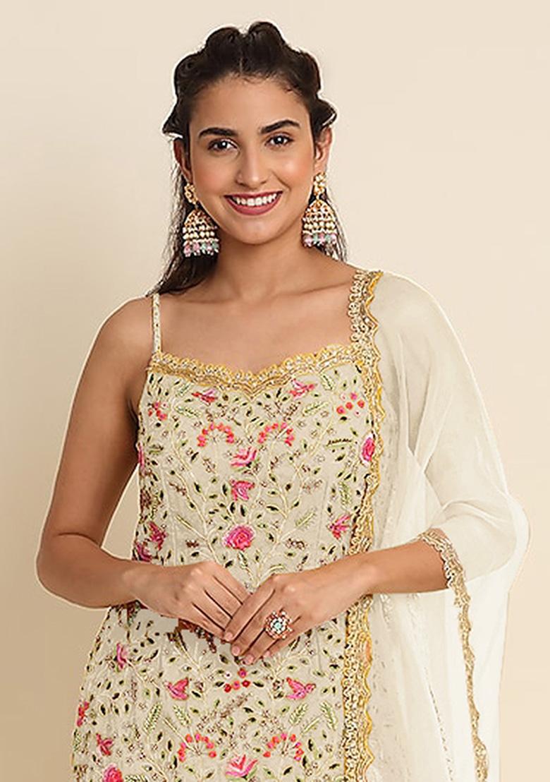 Beige Embroidery Georgette Sharara Set - Indya