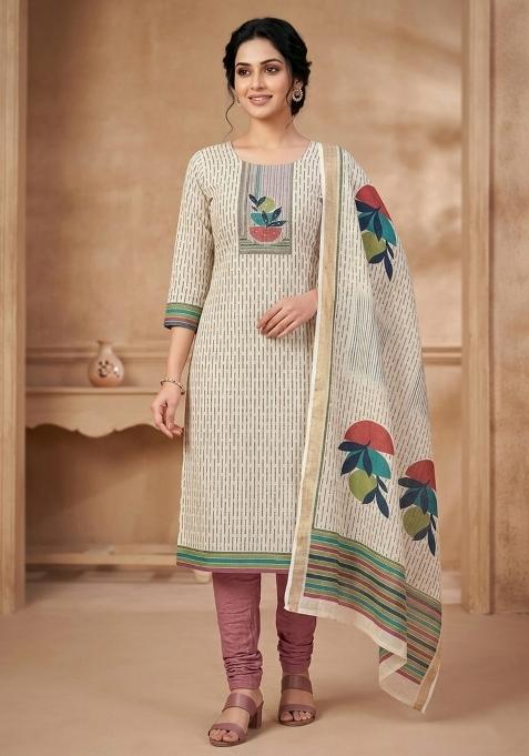 Beige Printed Shimmer Dress Material