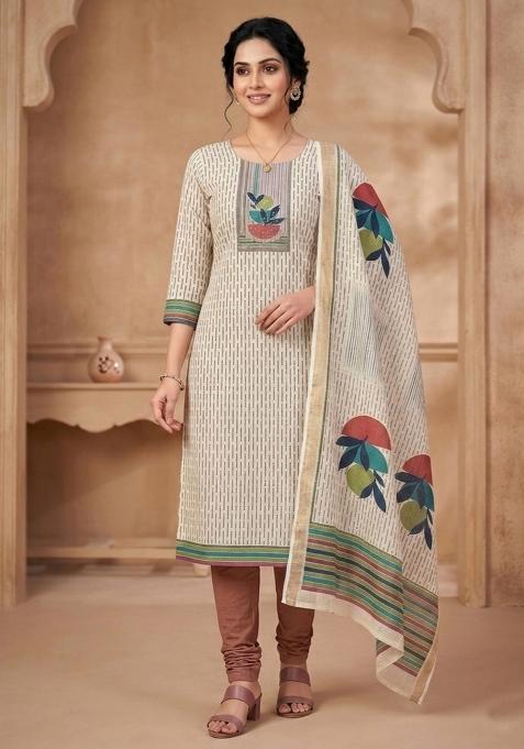 Beige Printed Shimmer Dress Material