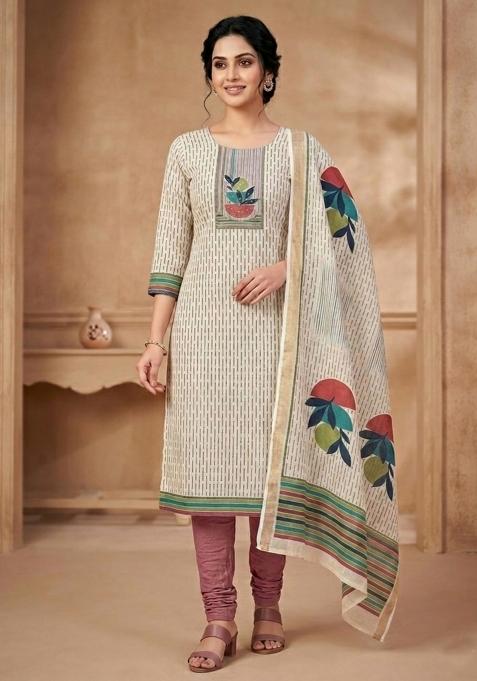 Beige Printed Shimmer Dress Material