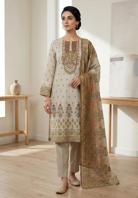 Beige Printed Shimmer Dress Material