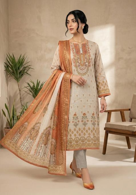 Beige Printed Shimmer Dress Material
