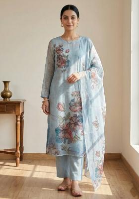 Sky Blue Printed Linen Dress Material