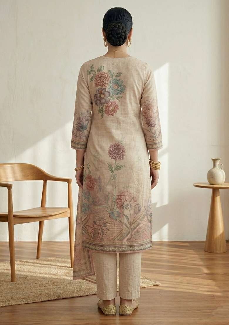 Pink Printed Linen Dress Material - Indya