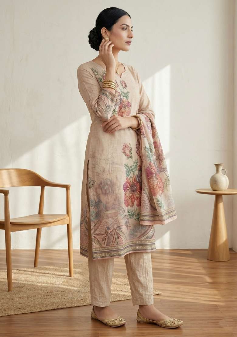 Pink Printed Linen Dress Material - Indya