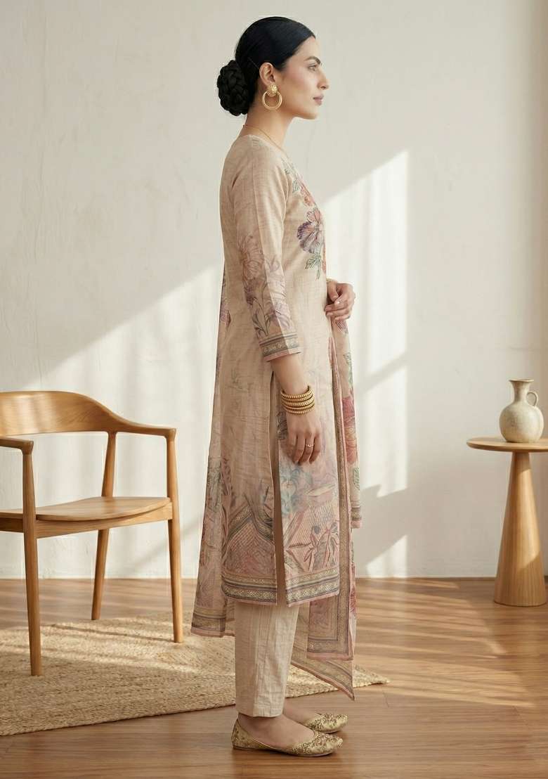 Pink Printed Linen Dress Material - Indya