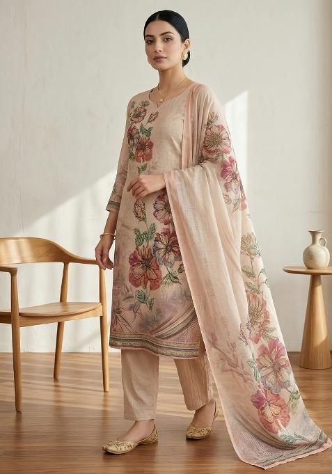 Pink Printed Linen Dress Material