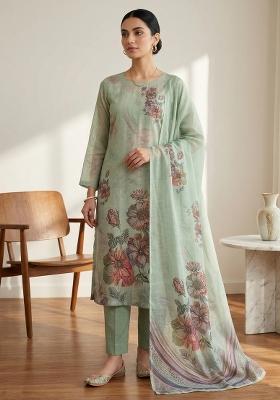 Green Printed Linen Dress Material