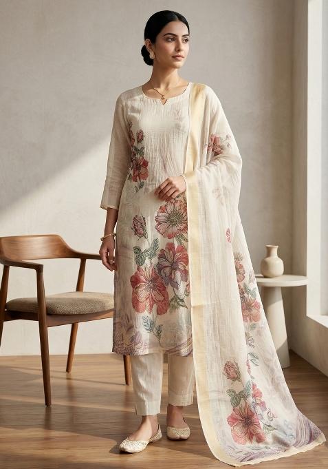 Cream Printed Linen Dress Material