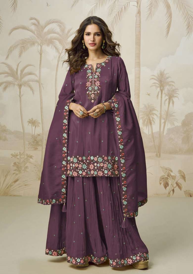 Onion Pink Embroidery Silk Blend Salwar Suit - Indya