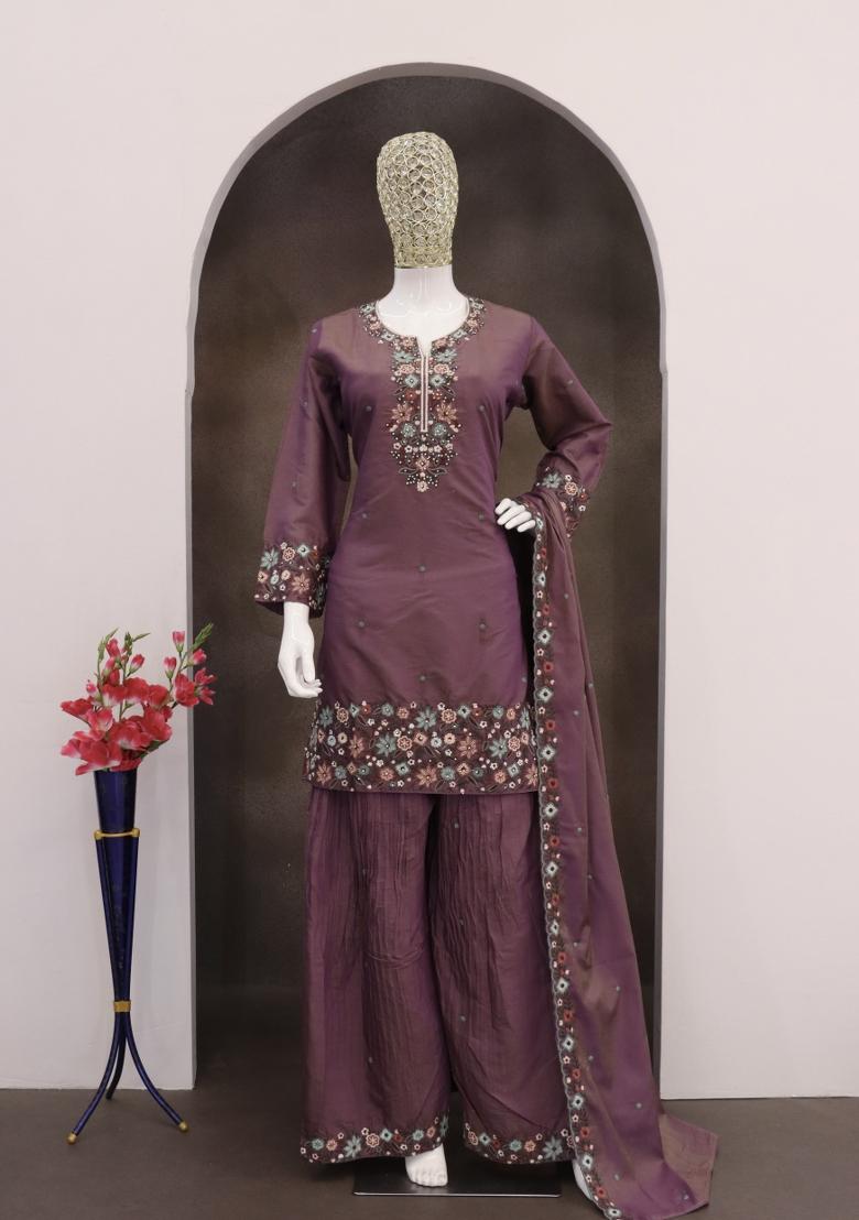 Onion Pink Embroidery Silk Salwar Suit - Indya