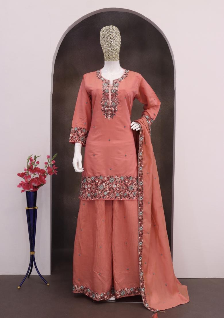 Orange Embroidery Silk Salwar Suit - Indya
