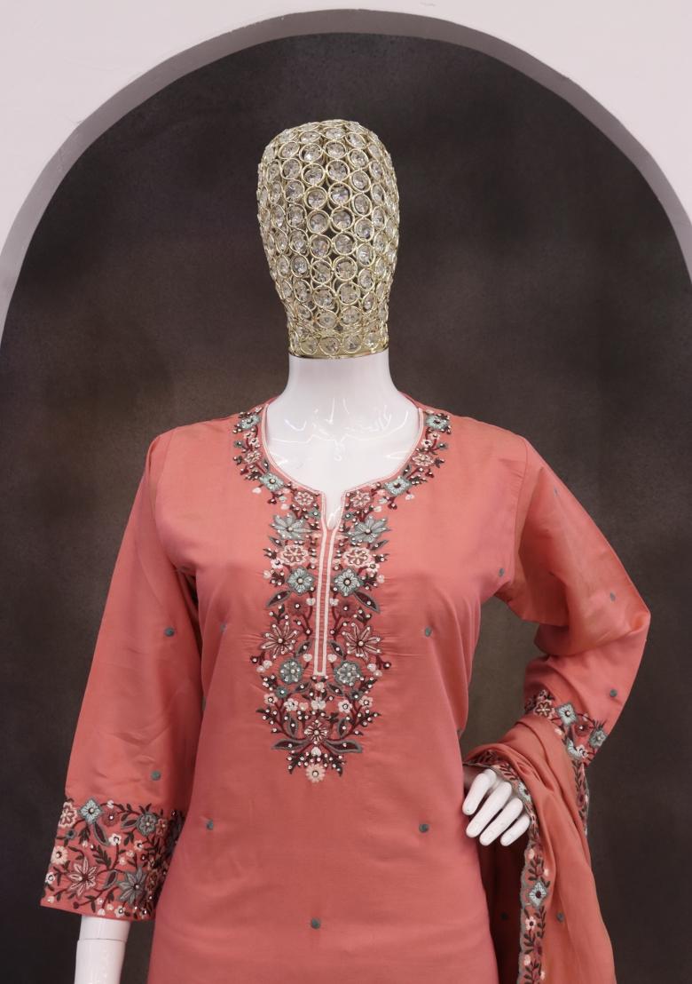 Orange Embroidery Silk Salwar Suit - Indya