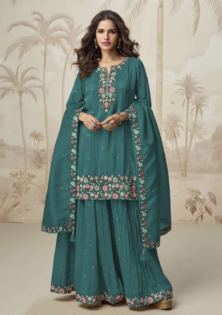 Teal Embroidery Silk Blend Salwar Suit - Indya